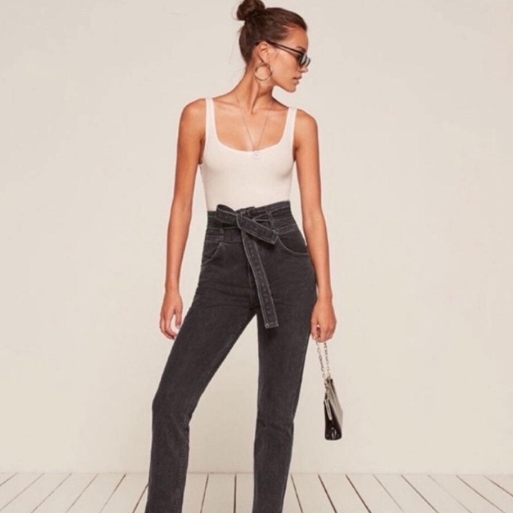 REFORMATION Black Pacific Wash Grey High Waist Belted Bootcut Jeans Size 24